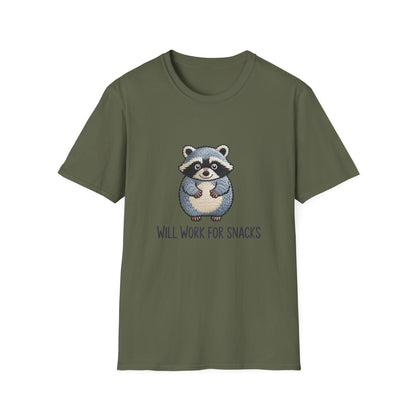 Hilarious Raccoon 'Will Work For Snacks' T-Shirt - Adorable Foodie & Animal Lover Graphic Tee