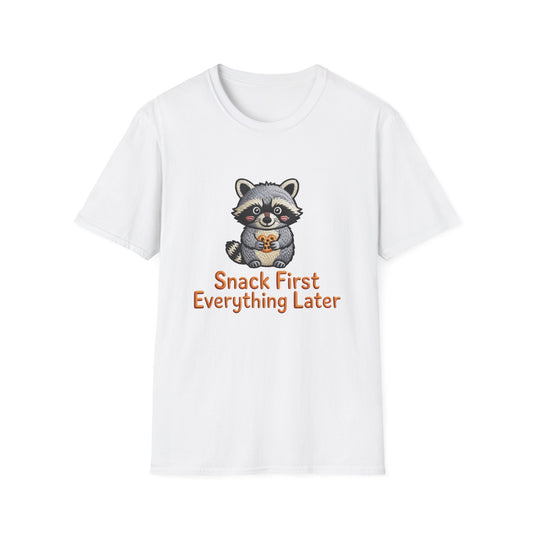 Adorable Raccoon Pretzel T-Shirt - Funny 'Snack First Everything Later' Foodie Tee | Cute Animal Graphic Apparel Gift