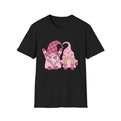 Charming Valentine Gnome Couple T-Shirt | Adorable Hearts Love Gift Tee for Sweethearts | Romantic Holiday Graphic Apparel