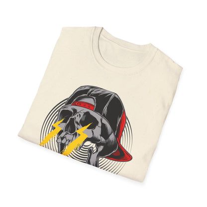 Electrifying Skull Baseball Cap T-Shirt | Edgy Urban Streetwear Tee for Rebels | Bold Graphic Design