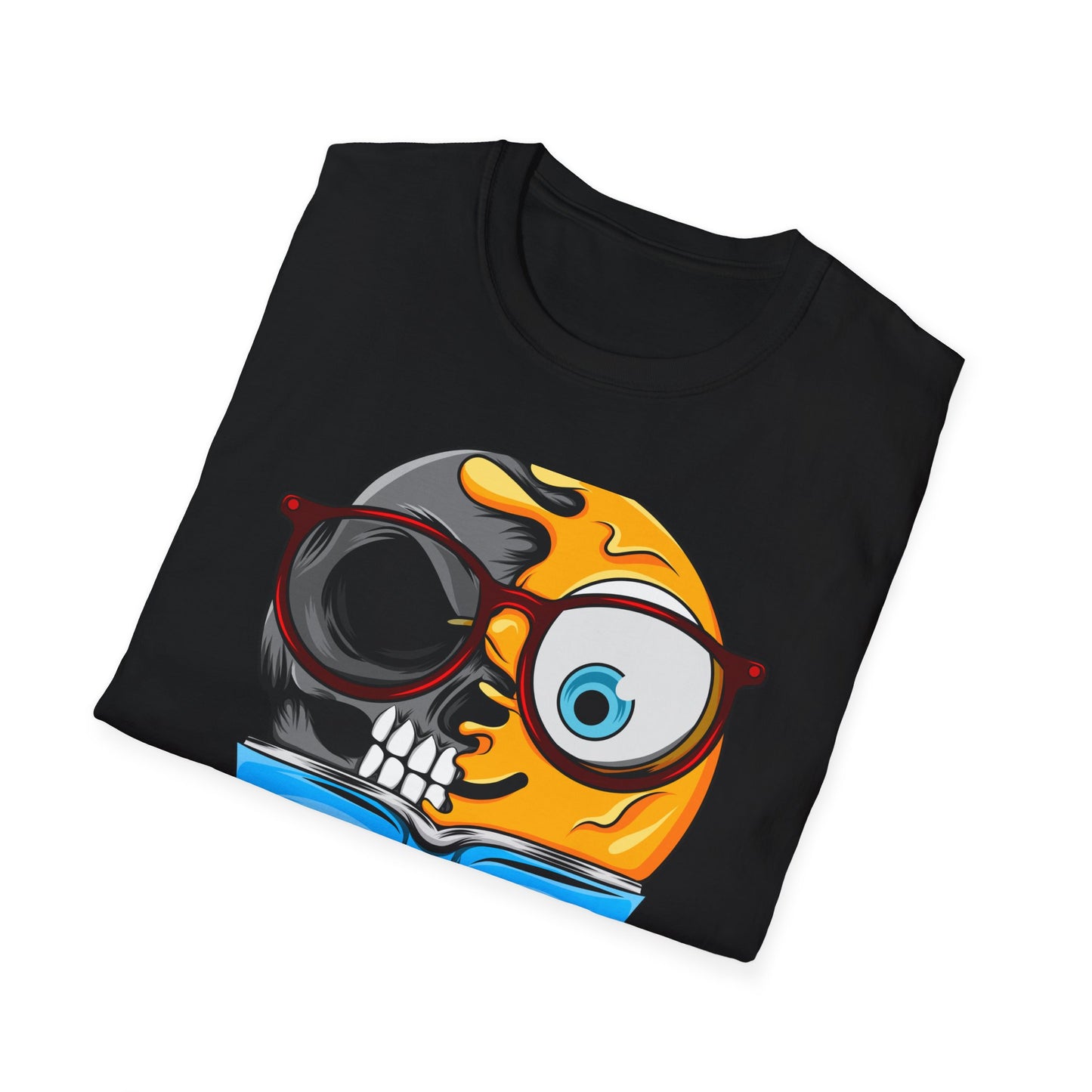 Clever Duality T-Shirt: Smart Skull & Emoji Bookworm Reader Tee for Unique Minds. Striking Graphic Top Gift.