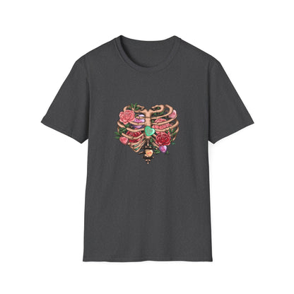 Captivating Anatomical Love Rib Cage T-Shirt - Edgy Floral Valentine's Day Conversation Hearts Tee for Unique Romance