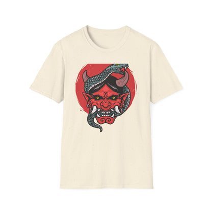 Fierce Hannya Mask & Snake T-Shirt - Striking Japanese Folklore Tattoo Art Tee | Bold Cultural Statement