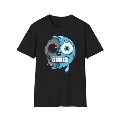 Epic Melting Skull & Blue Cartoon Split Face T-Shirt | Unique Edgy Graphic Tee for Streetwear & Art Lovers