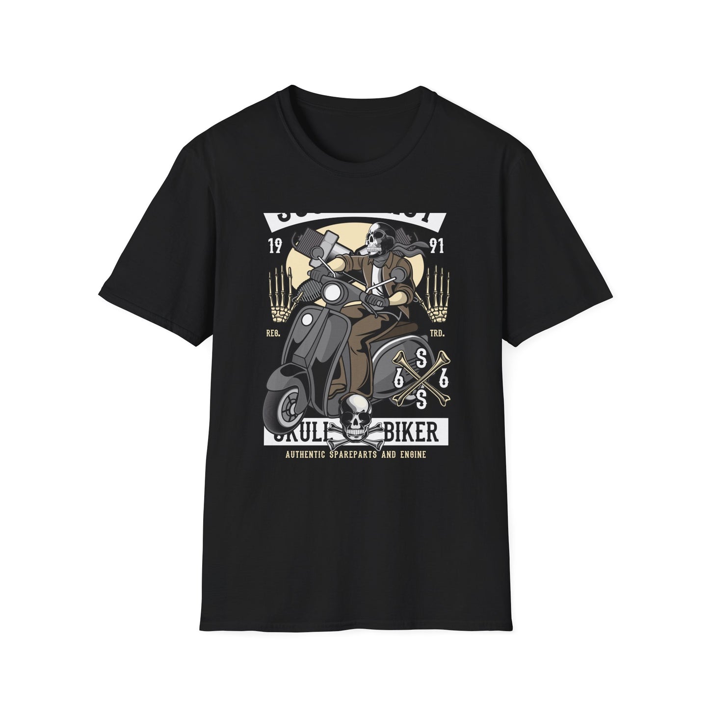 Bold Skull Scooterist T-Shirt | Vintage Biker Rider Tee for Men | Authentic Retro Old School Scooter & Crossbones Design