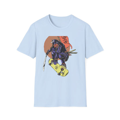 Bold Samurai Skater T-Shirt | Epic Japanese Warrior on Skateboard with Peace Sign Graphic Tee