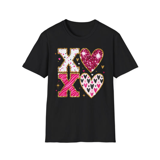 Sparkly XO Hearts T-Shirt | Adorable Pink Glitter Valentine's Day & Love Tee for Her | Hugs Kisses Style