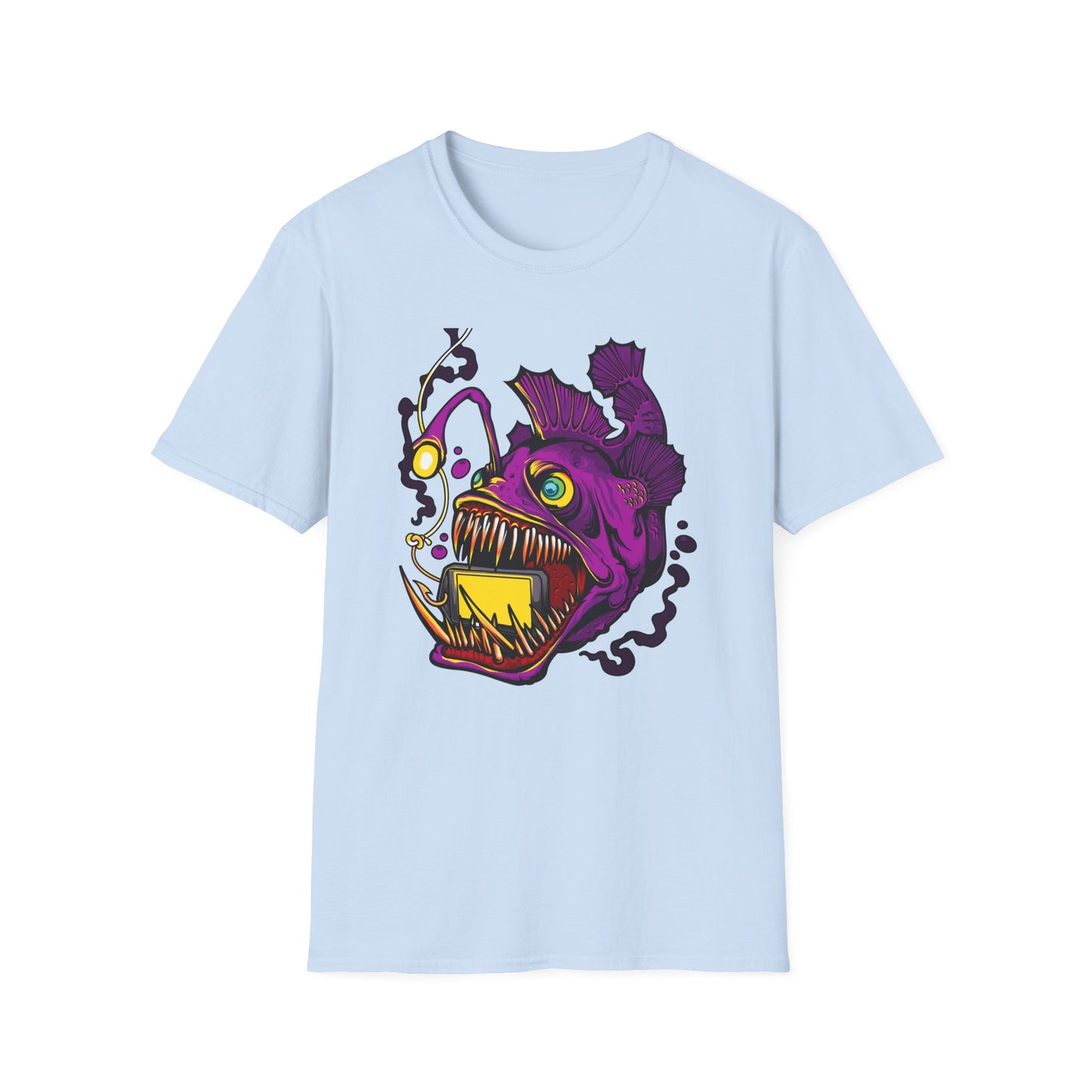 Fierce Anglerfish Smartphone T-Shirt - Deep Sea Tech Monster Graphic Tee | Unique & Trendy Gift for Gamers