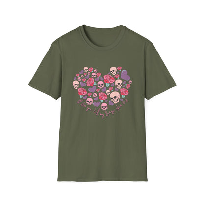 Captivating Goth Skulls & Roses Heart T-Shirt | Edgy 'Love You Till My Lungs Give Out' Tee | Unique Dark Romance Apparel Gift