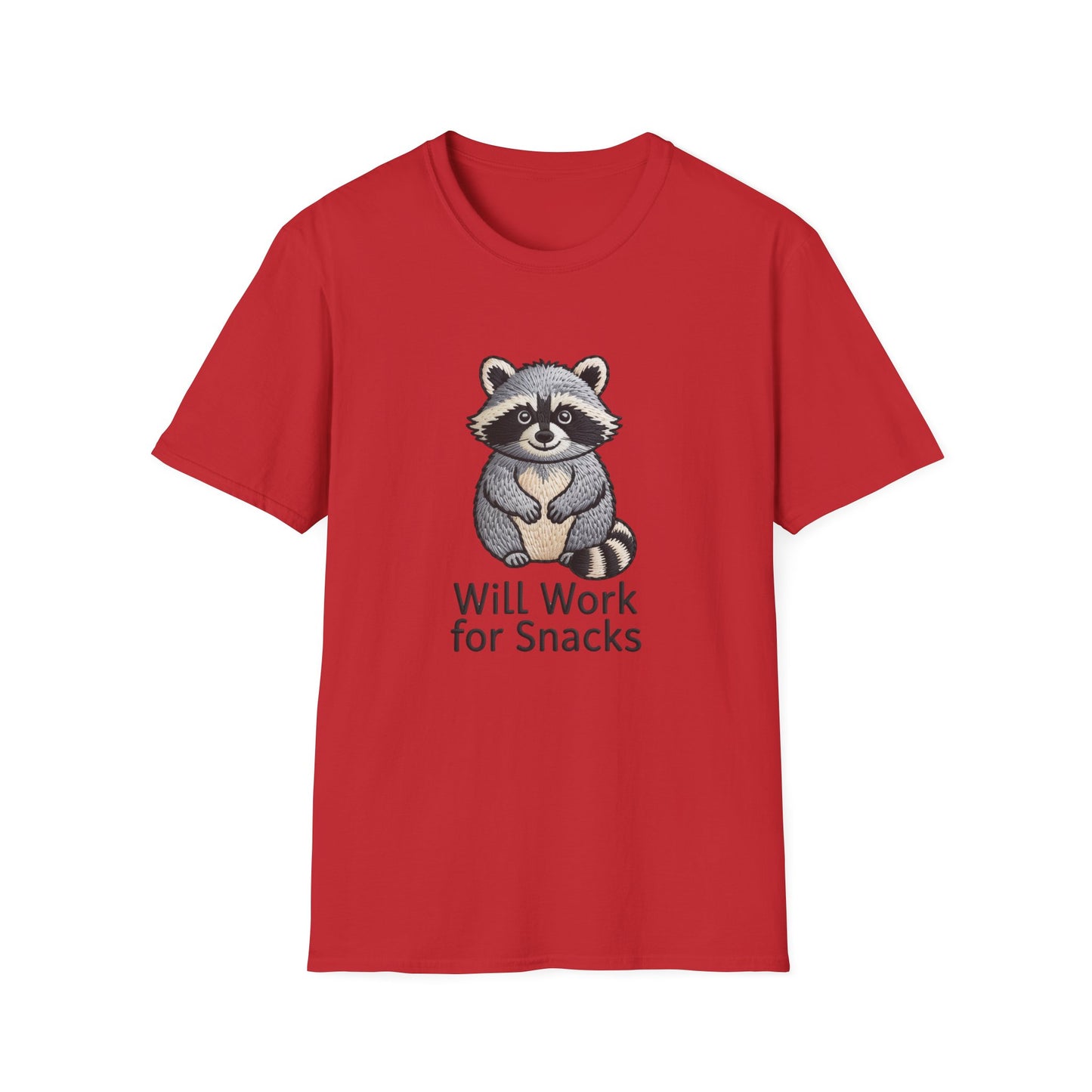 Hilarious "Will Work for Snacks" Raccoon T-Shirt - Adorable Embroidered Look Tee for Animal & Food Lovers! Must-Have Funny Gift