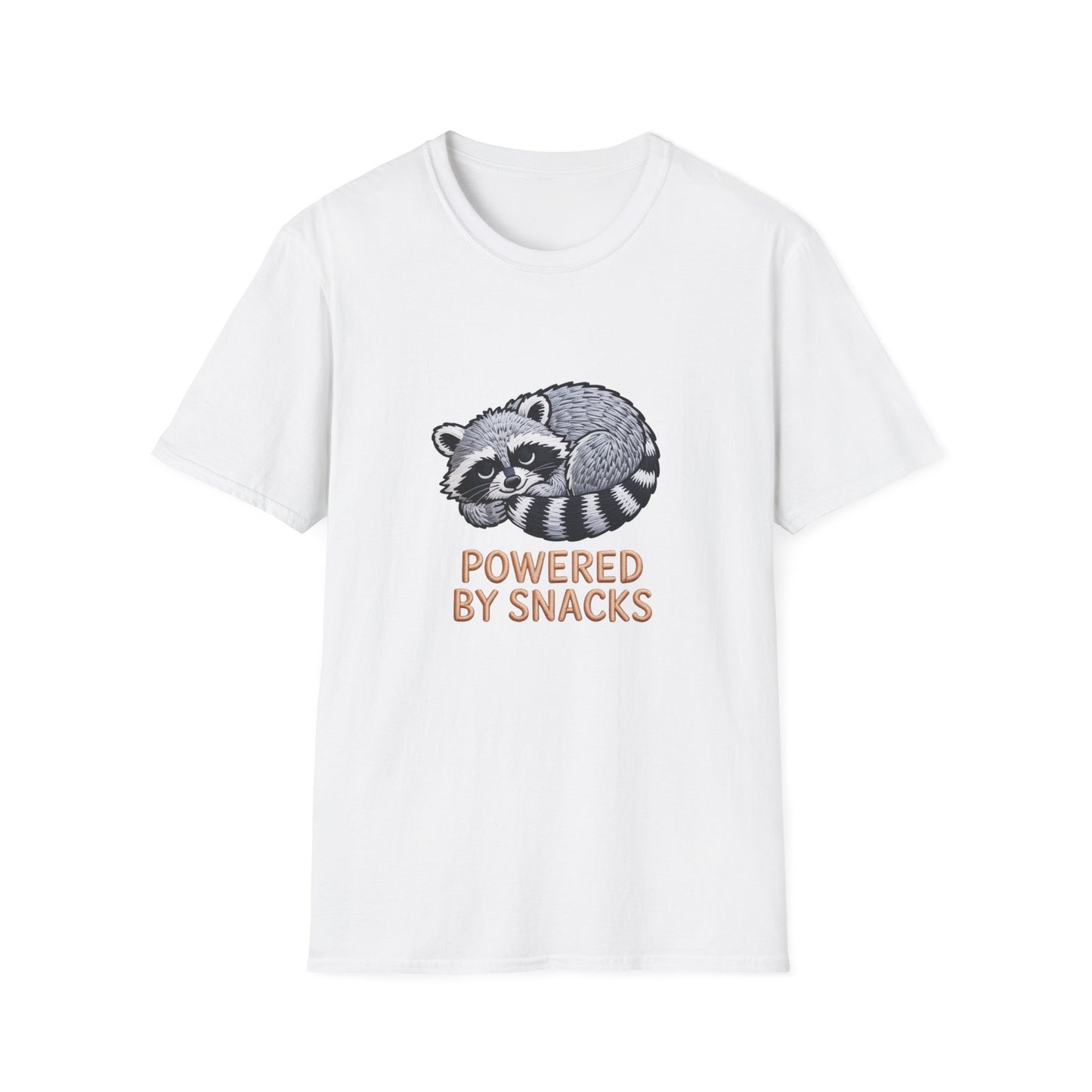 Powered By Snacks Adorable Raccoon T-Shirt | Funny Foodie Animal Lover Tee | Hilarious Snack Enthusiast Gift
