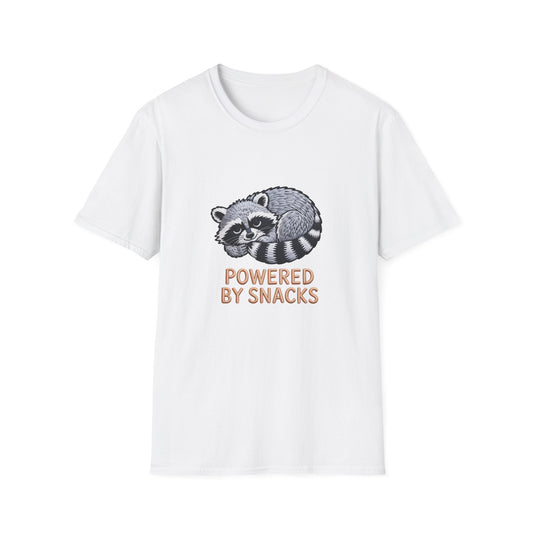 Powered By Snacks Adorable Raccoon T-Shirt | Funny Foodie Animal Lover Tee | Hilarious Snack Enthusiast Gift