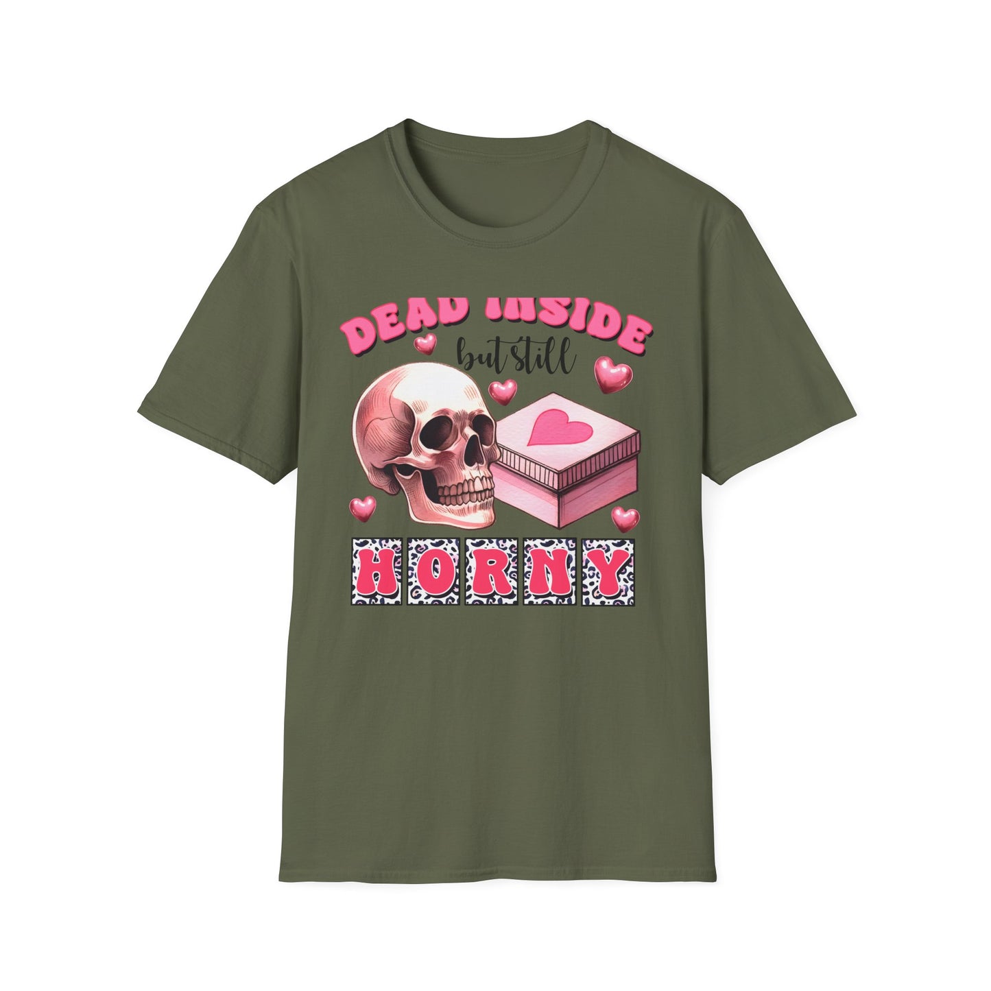 Awesome Dead Inside But Horny T-Shirt | Edgy Skull & Pink Hearts Tee | Sarcastic Valentine's Humor Gift