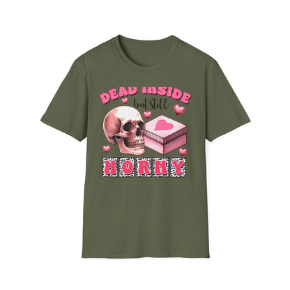 Awesome Dead Inside But Horny T-Shirt | Edgy Skull & Pink Hearts Tee | Sarcastic Valentine's Humor Gift
