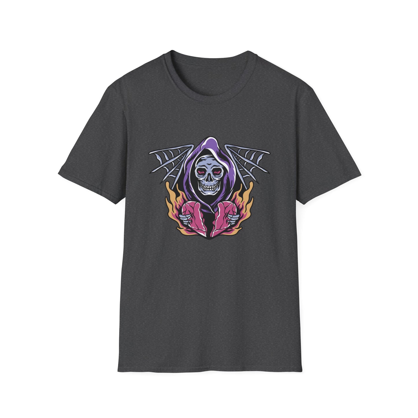 Striking Grim Reaper Broken Heart T-Shirt | Edgy Skull & Flames Tee | Gothic Macabre Streetwear | Bold & Unique Style