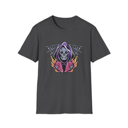 Striking Grim Reaper Broken Heart T-Shirt | Edgy Skull & Flames Tee | Gothic Macabre Streetwear | Bold & Unique Style