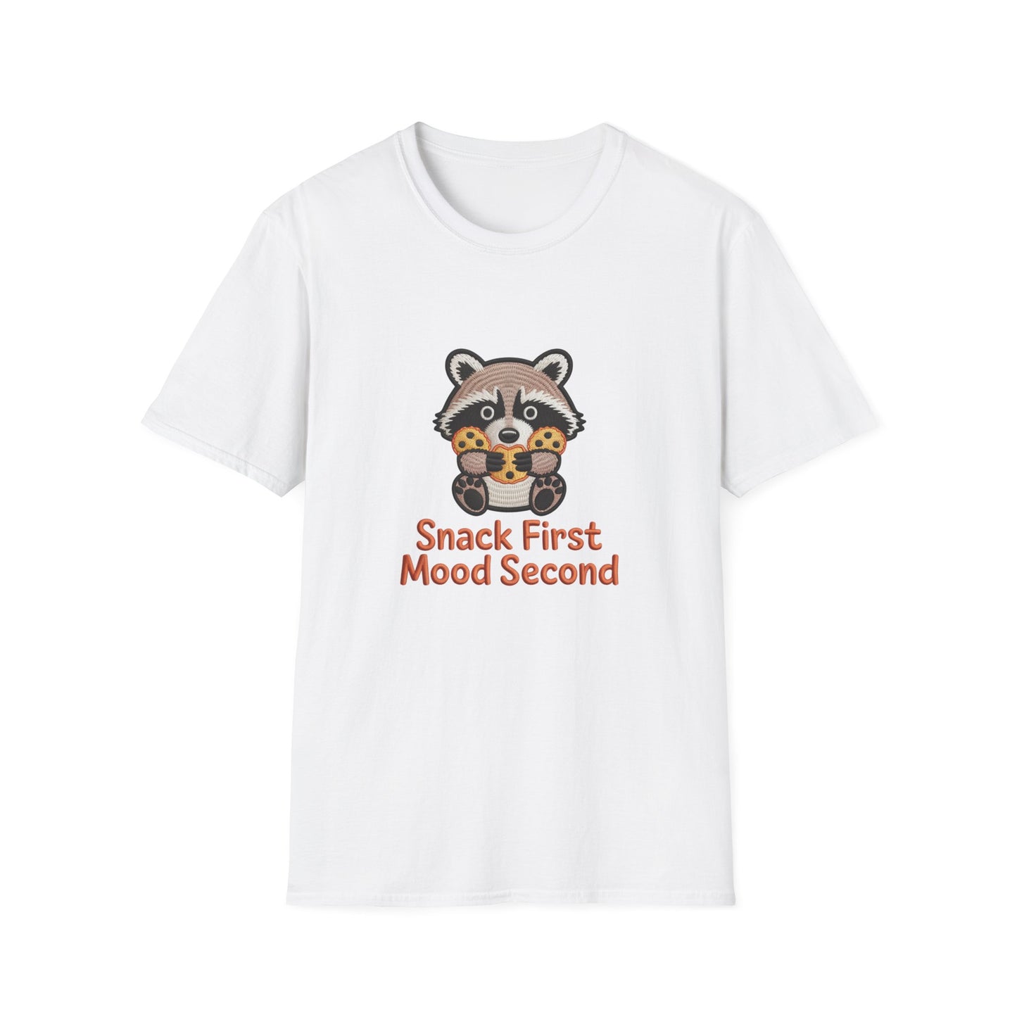 Irresistible "Snack First Mood Second" Raccoon T-Shirt | Cute Foodie Comfort Tee & Funny Gift
