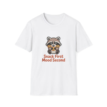 Irresistible "Snack First Mood Second" Raccoon T-Shirt | Cute Foodie Comfort Tee & Funny Gift