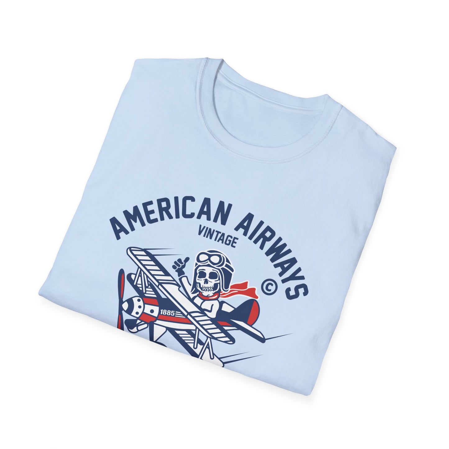 Vintage Skeleton Pilot Biplane T-Shirt - American Airways Fly Away Retro Aviation & Thrilling Thumbs Up Tee