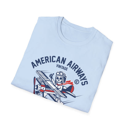 Vintage Skeleton Pilot Biplane T-Shirt - American Airways Fly Away Retro Aviation & Thrilling Thumbs Up Tee