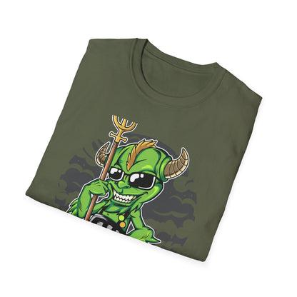 Wicked Mischievous Green Imp T-Shirt | Cool Cartoon Devil with Trident & Checkered Pants | Edgy Graphic Tee