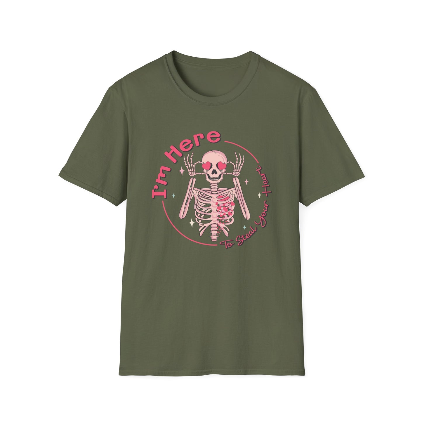 Charming Skeleton Love T-Shirt: "I'm Here To Steal Your Heart" Valentine's Day Graphic Tee – Unique Romantic Gift