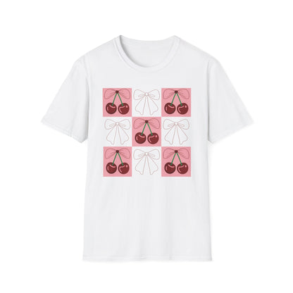 Charming Coquette Cherry Bow T-Shirt | Sweet Pink Aesthetic & Trendy Fruit Pattern Tee for Women