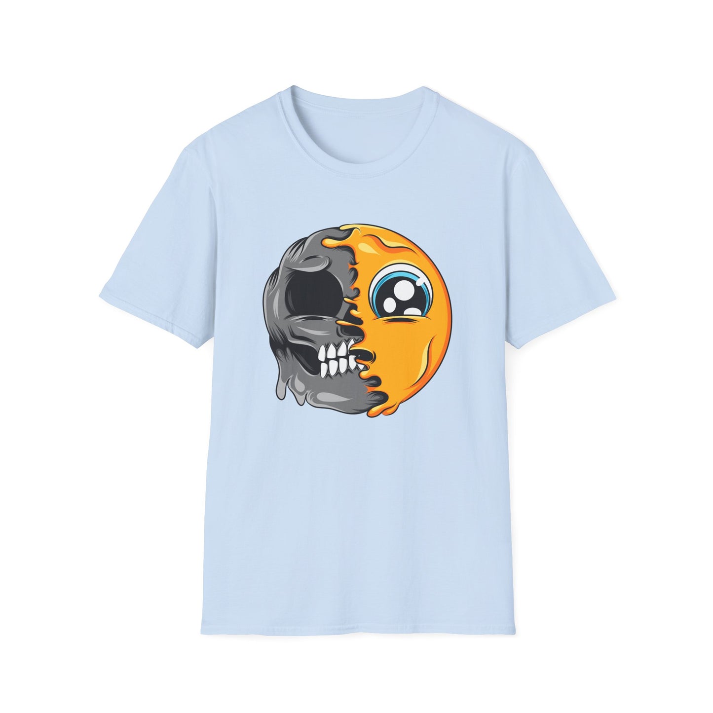 Unique Melting Skull & Pleading Emoji T-Shirt | Duality Graphic Tee for Edgy, Expressive Style