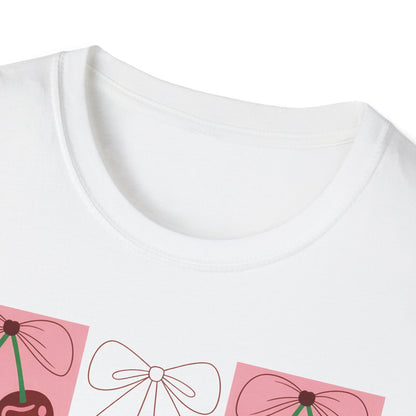 Charming Coquette Cherry Bow T-Shirt | Sweet Pink Aesthetic & Trendy Fruit Pattern Tee for Women