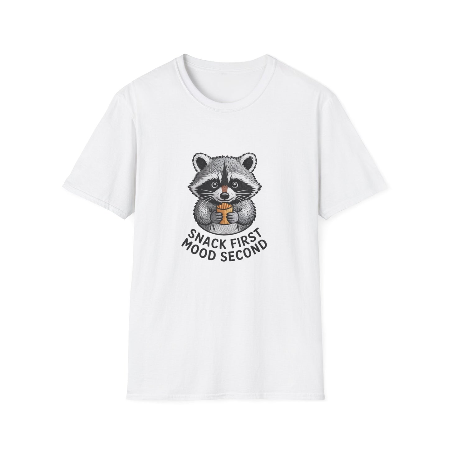 Epic Raccoon Snack T-Shirt | Funny 'Snack First Mood Second' French Fry Lover Tee | Adorable Animal Graphic Gift