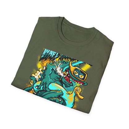 Epic 'WAVE I'M COMING' Monster T-Shirt - Hilarious Swimming Dragon & Duck Float Graphic Tee for Summer Fun & Beach Adventures
