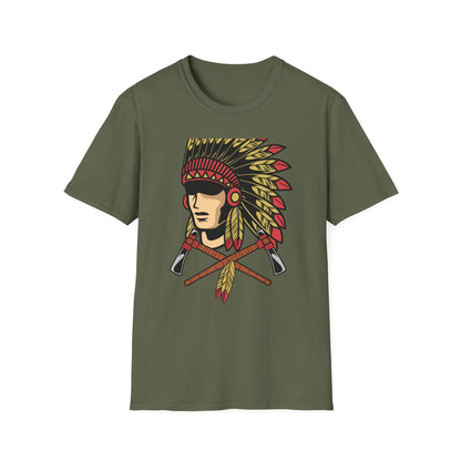 Bold Indigenous Warrior Chief T-Shirt | Majestic Feather Headdress & Tomahawks Tee | Powerful Cultural Design Gift