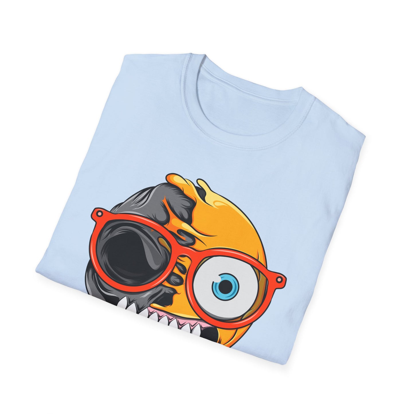 Bold Melting Emoji Skull T-Shirt | Unique Split Face Graphic Tee | Edgy Dual Personality Statement Top