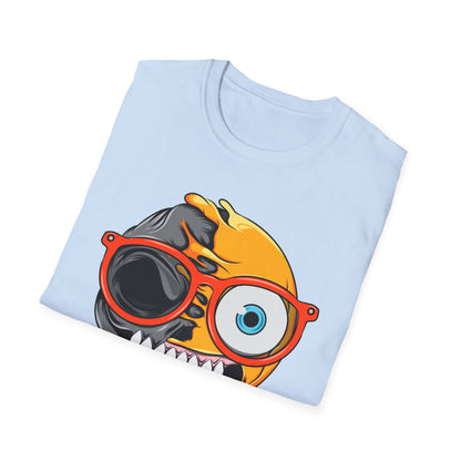 Bold Melting Emoji Skull T-Shirt | Unique Split Face Graphic Tee | Edgy Dual Personality Statement Top