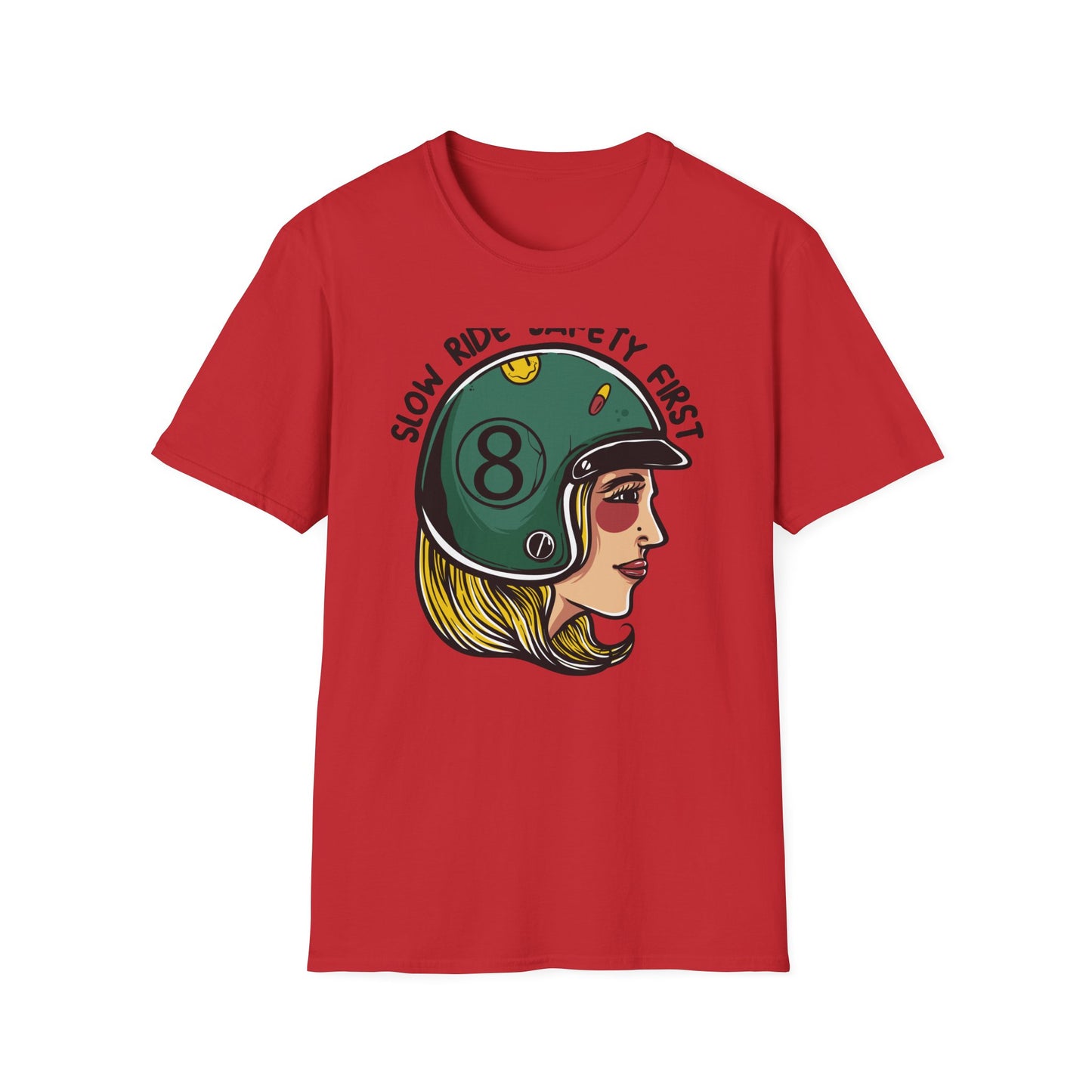 Vibrant Biker Girl Helmet T-Shirt | "Slow Ride Safety First" Retro Motorcycle Rider Tee for Women