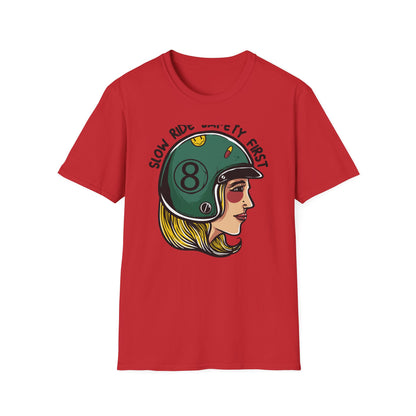 Vibrant Biker Girl Helmet T-Shirt | "Slow Ride Safety First" Retro Motorcycle Rider Tee for Women