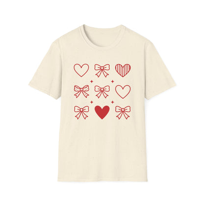 Charming Red Hearts & Bows Pattern T-Shirt | Adorable Love Core Graphic Tee for Women & Teens | Sweet Valentine's Day Gift Idea