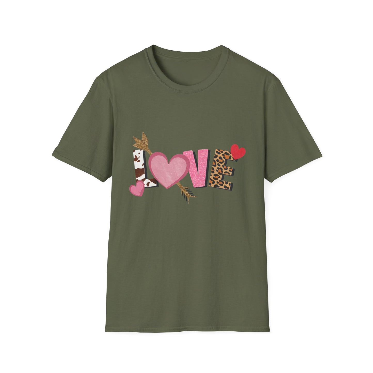 Chic LOVE T-Shirt with Sparkling Glitter Hearts & Bold Animal Print | Trendy Valentine's Day & Everyday Fashion Tee for Her