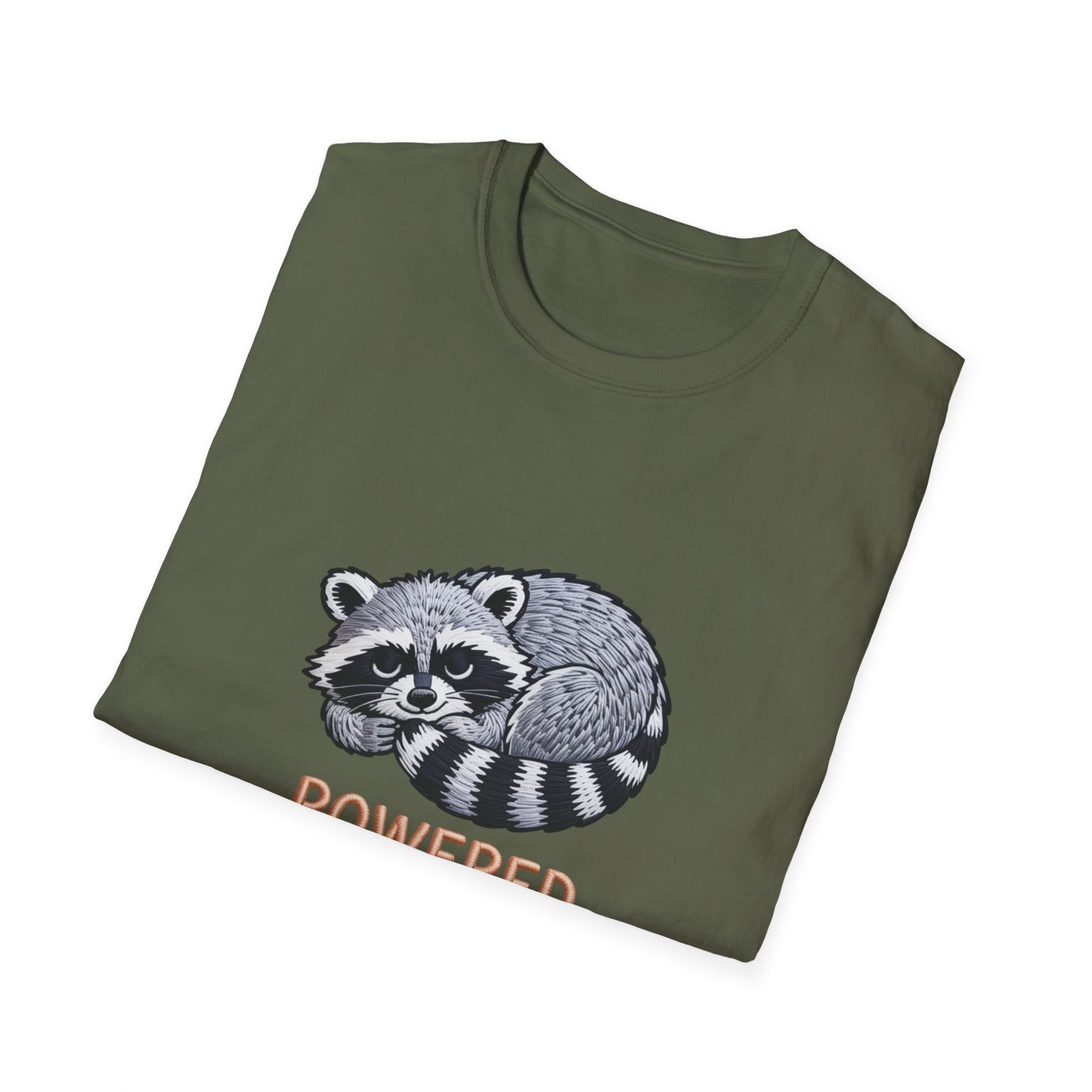 Powered By Snacks Adorable Raccoon T-Shirt | Funny Foodie Animal Lover Tee | Hilarious Snack Enthusiast Gift