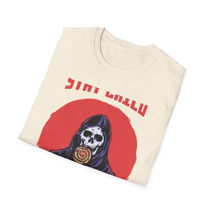 Stay Child Grim Reaper Lollipop T-Shirt | Edgy Skeleton Tee for Dark Humor & Inner Child | Unique & Vibrant Fun
