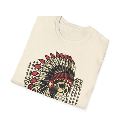 Striking Native Chief Skull Headdress T-Shirt - Unique Gothic Biker Tattoo Art Apparel for Rebel Souls