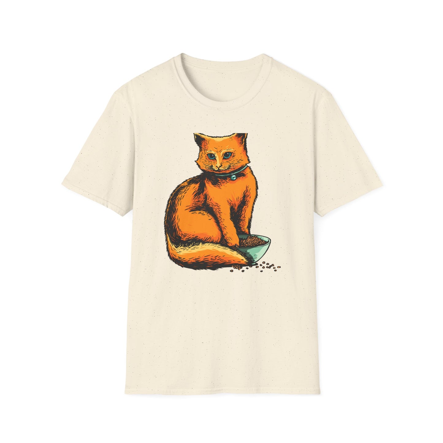 Vibrant Orange Cat & Food Bowl T-Shirt | Adorable Blue-Eyed Feline Lover Tee | Unique Pet Owner Gift Idea