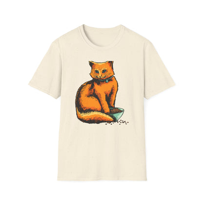 Vibrant Orange Cat & Food Bowl T-Shirt | Adorable Blue-Eyed Feline Lover Tee | Unique Pet Owner Gift Idea