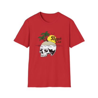Skull Island Beach Club T-Shirt | Unique Tropical Retro Summer Vacation Tee | Edgy Palm Tree Sunset Graphic