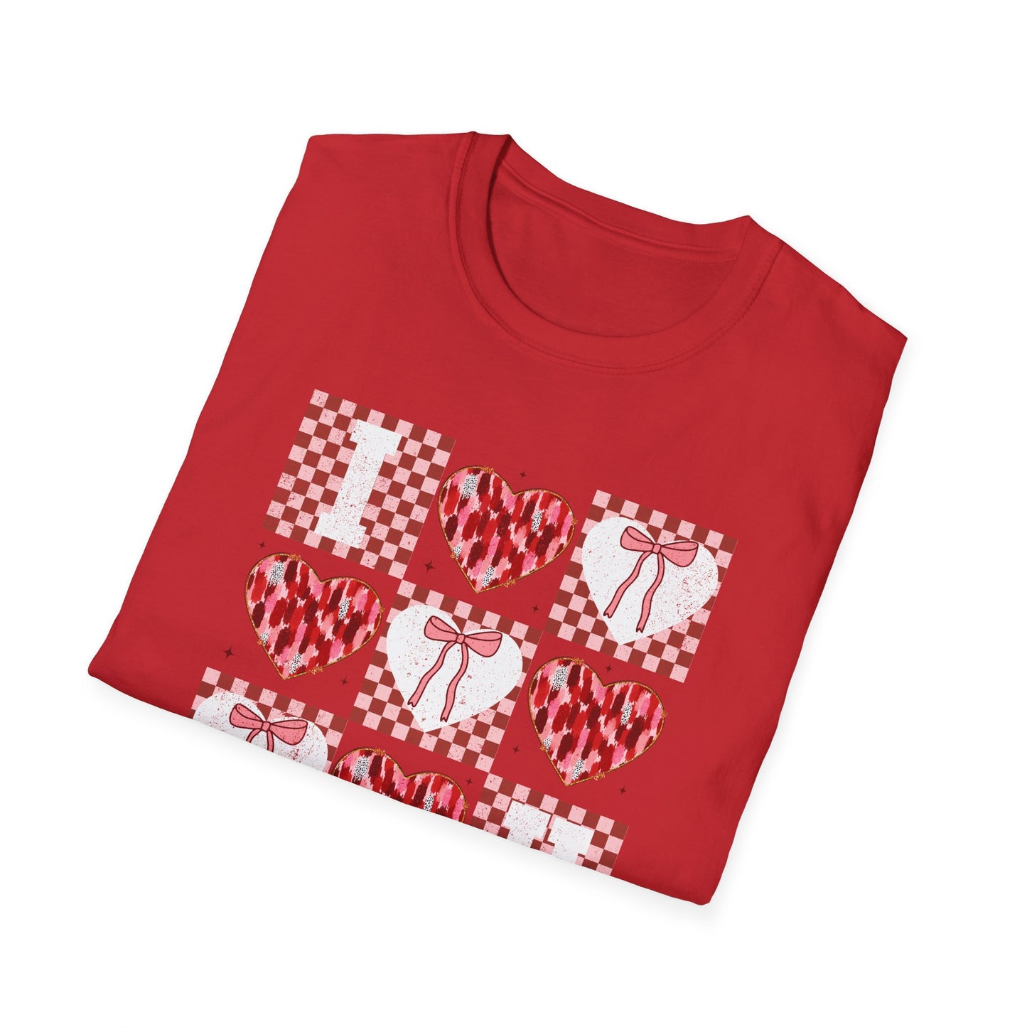 Chic "I Love You" Heart & Bow T-Shirt - Unique Distressed Checkered Design for Valentine's Day & Romantic Gifts for Her