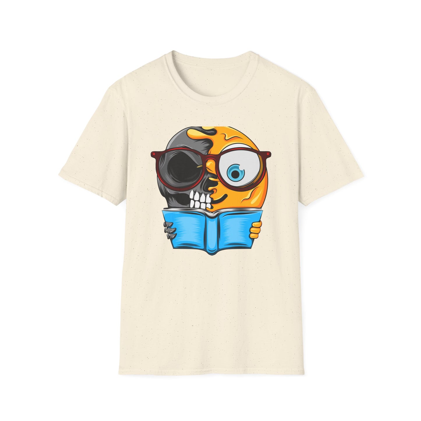 Clever Duality T-Shirt: Smart Skull & Emoji Bookworm Reader Tee for Unique Minds. Striking Graphic Top Gift.