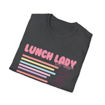 Awesome Lunch Lady Crew T-Shirt - Retro Pastel Stripes & Heartfelt Qualities - Unique School Cafeteria Staff Appreciation Tee