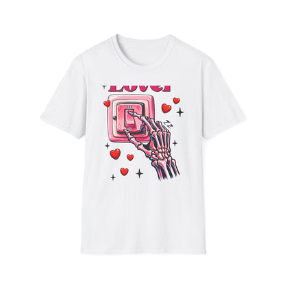 Unique Lover T-Shirt | Edgy Skeleton Hand & Love Switch Graphic Tee | Romantic Valentine's Day Statement Gift