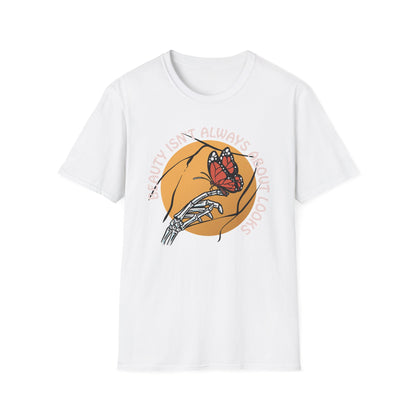 Expressive Skeleton Hand & Monarch Butterfly T-Shirt | 'Beauty Isn't About Looks' Deep Meaning Art Tee