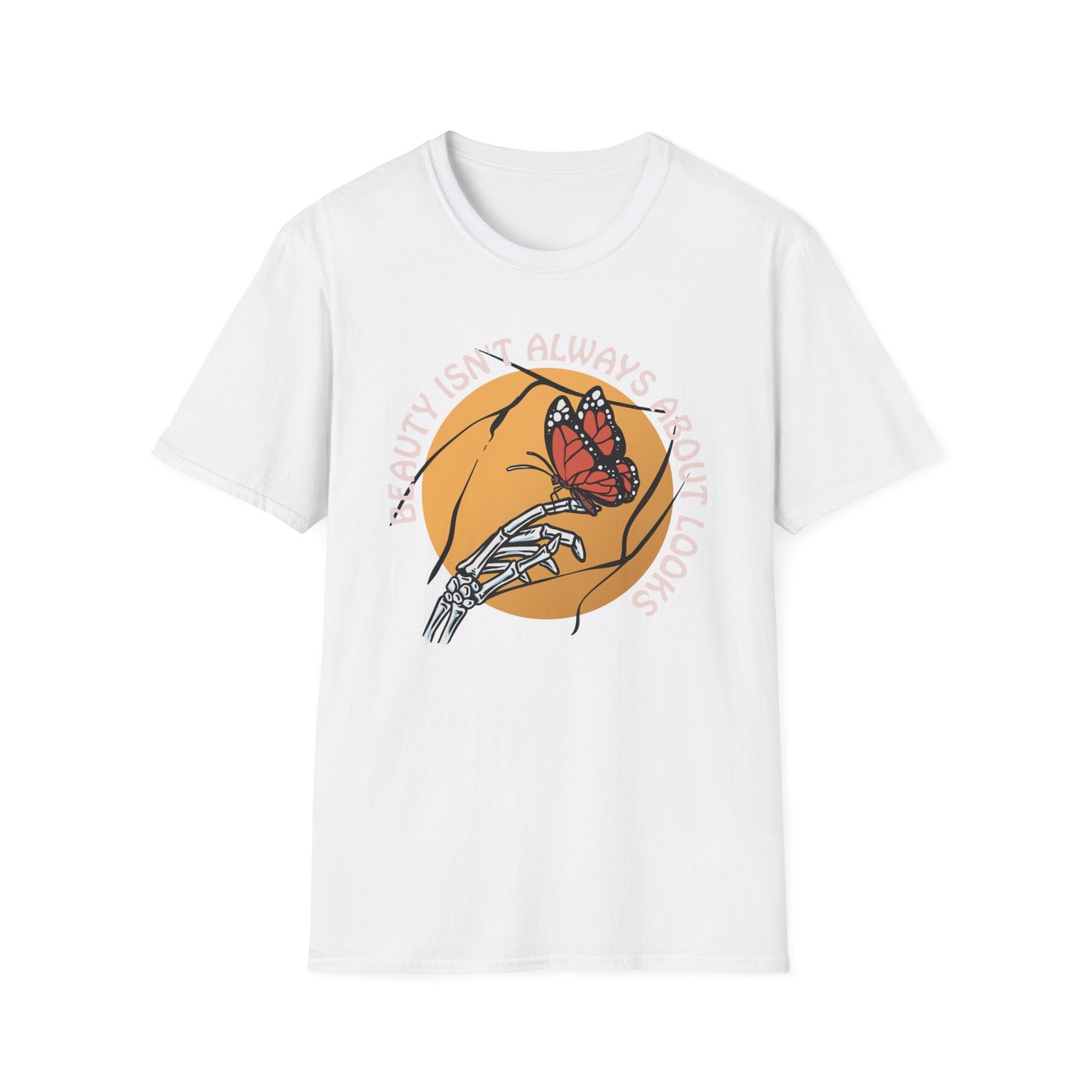 Expressive Skeleton Hand & Monarch Butterfly T-Shirt | 'Beauty Isn't About Looks' Deep Meaning Art Tee